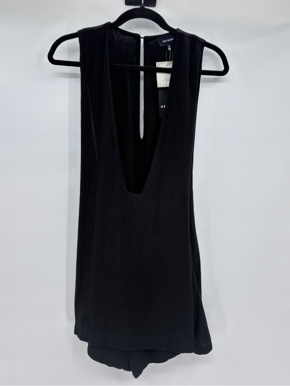 Heyson Black Rayon Hemp Relaxed Sleeveless Romper Boho Lagenlook Medium NWT